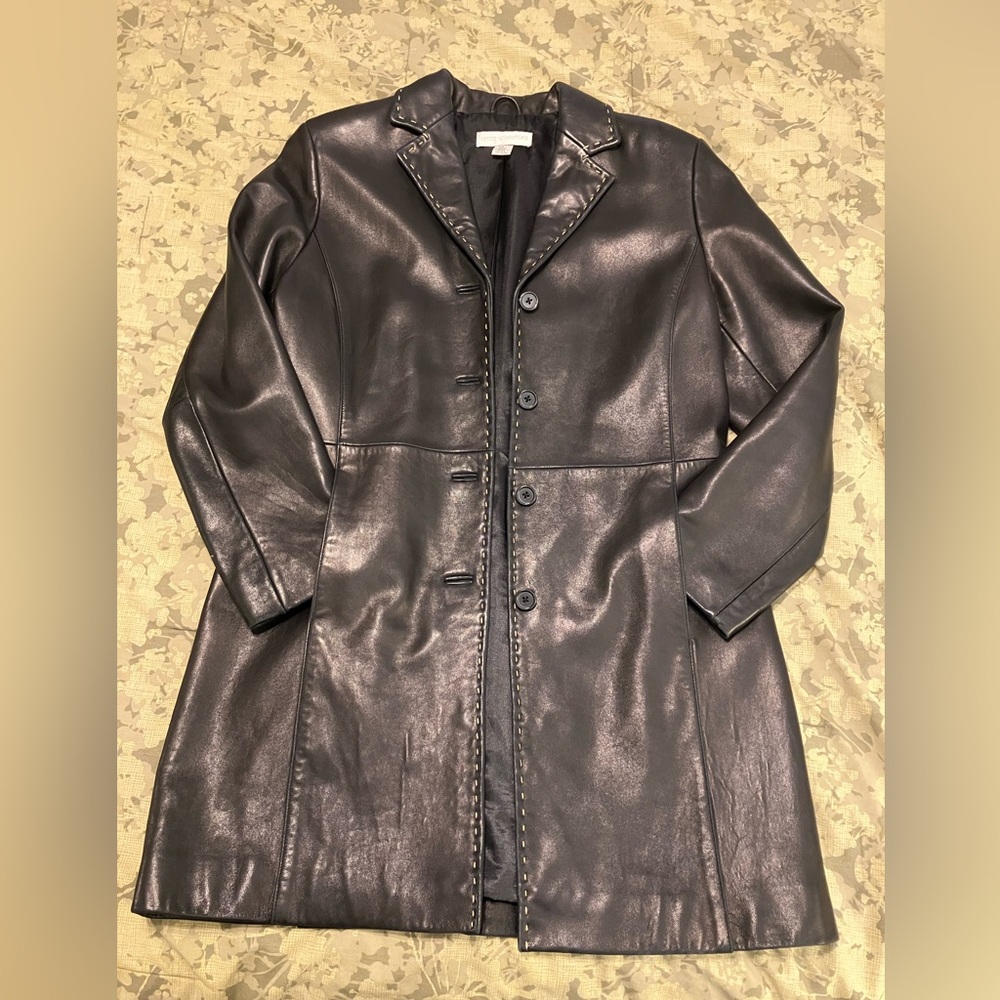 Petite Sophisticate Black Leather Button-Front Coat